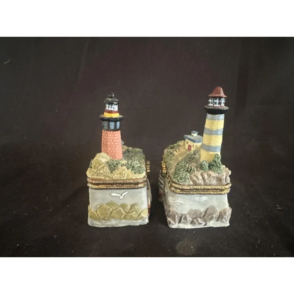 Vintage Lighthouse Trinket Boxes Set of 2 Decorative Coastal Keepsake Boxes